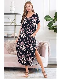 RIAH FASHION Casual Cómodo Suave Jersy Suelto Maxi Vestido - Manga Corta Lado Ranura De Gran Tamaño Cuello En V Bolsillo Relajado Vestido Largo