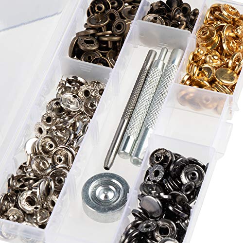 Snap Fastener Kit - 160-Piece Snap Buttons, with 4-Piece Tools, Clothing Snaps, Metal Snaps, Press Studs, for Leather, Craft, Repairing, Jeans, Coat, Bags, 4 Colors, 9 mm - 12 mm Diameter