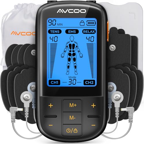 AVCOO 3-in-1 TENS Machine with 30 Modes, 40 Intensities EMS Muscle Stimulator for Gradual Back Pain Relief Therapy, Rechargeable TENS Unit with 12 TENS Machine Pads, a Storage Bag