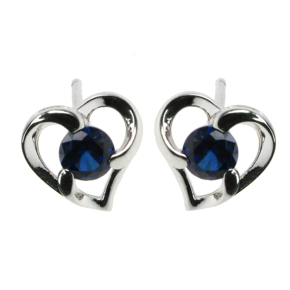 Heart Stud Earrings - 925 Sterling Silver with Sapphire - Gift Boxed