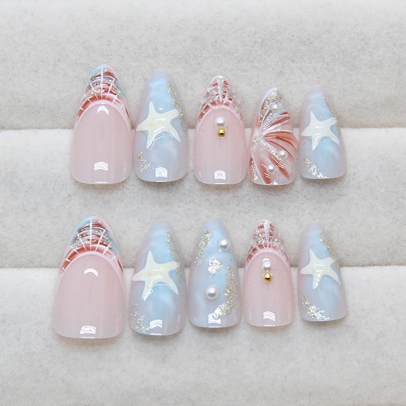 Summer Beach Press on Nails 3D Acrylic Nails Medium Almond Fake Nails Blue Sea Shell French Tips False Nails Press ons Ocean Glue on Nails Starfish Waves Stick on Nails for Women Girls Manicure 24Pcs - Image 2