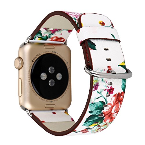 YOSWAN Bracelet For Apple Watch, National Black White Floral Printed Leather Watch Band 38mm 42mm Strap For Apple Watch Flower Design Wrist Watch Bracelet, White/Red Flower