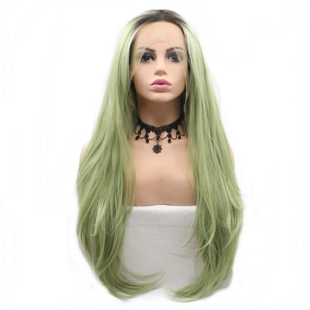 Ombre Green Wigs Light Green Lace Front Wig 3 Tone Friendly Flawless Long Synthetic Wavy Hair Drag Queen Makeup Party Cosplay Wigs for Women 24 Inch, Ombre lightgreen/lace front wig