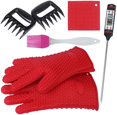 Foreasy New 5 Kinds BBQ Tool Sets,1 Pair Silicone Oven Mitts,1 Pair Meat Claws,1 BBQ Grill Thermometer,1 Pot Holder,1 Silicone Brush,Fits Nicely with Your Grill Also Suitable for Pastry Bake (Red)