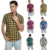 Bluetime Men's Short Sleeve T Shirts Casual Button Down Plaid Shirts