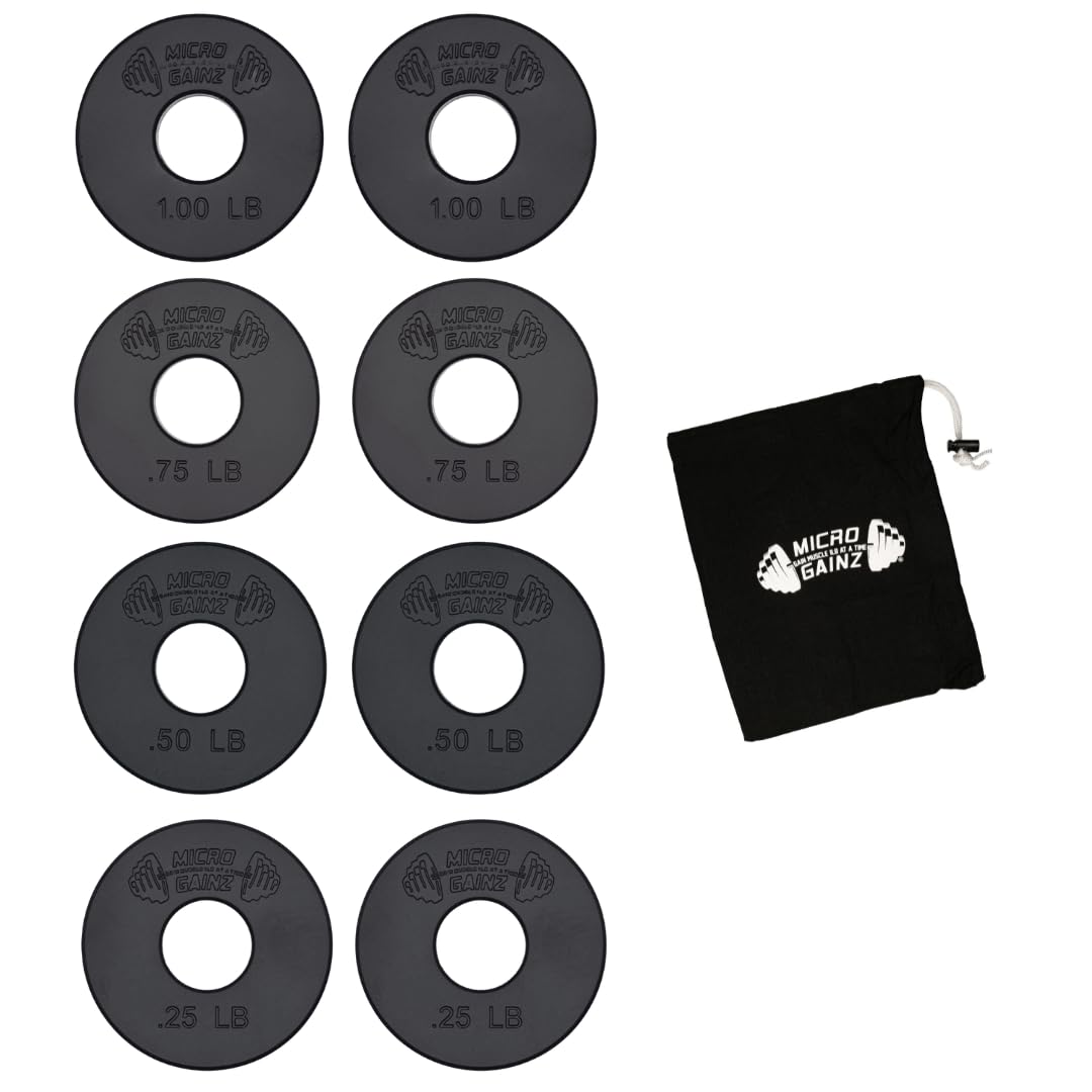 Micro Gainz Standard 1-Inch Center Hole Fractional Weight Plate Set of .25LB-.50LB-.75LB-1LB Plates (8 Plate Set) w/Bag- Designed for Standard 1-Inch Barbells and Dumbbells, Made in USA