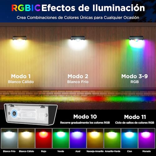 Quntis 4Pcs Luces Solares Exterior RGBCW 5m Alcance Efecto de Luz de Rayos | 16 horas Ultralarga Duración Lamparas Solares Jardín, 11 Modos IP44 Impermeable Luz Solar de Alta Calidad para Valla Porche