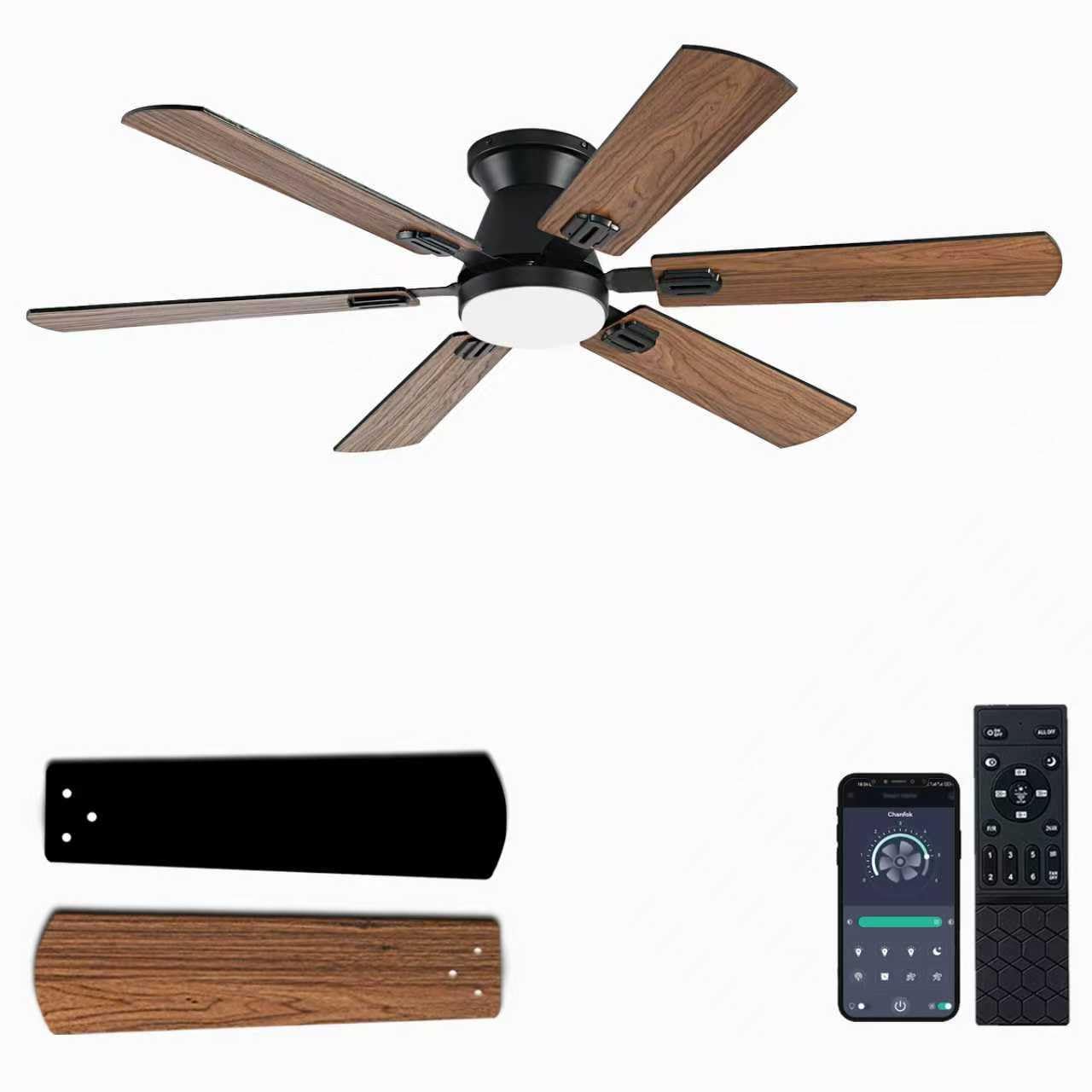 Photo 1 of KNUN 56 inch Ceiling Fans with Lights, Brown Flush Mount Ceiling fan with Light and Remote/APP Control, 3CCT, RGB, Dimmable, Noiseless, Low Profile Ceiling Fan for Bedroom, Patio, Indoor/Outdoor Use