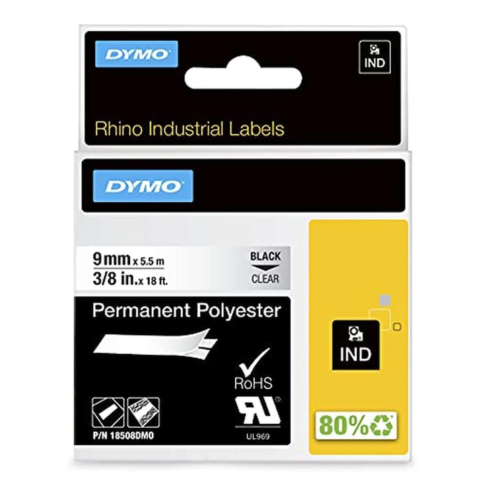 DYMO Rhino Industrial Permanent Polyester Labels | 9 mm x 5.5 m | Black Print on Clear | Self-Adhesive | for LabelManager & Rhino Label Makers