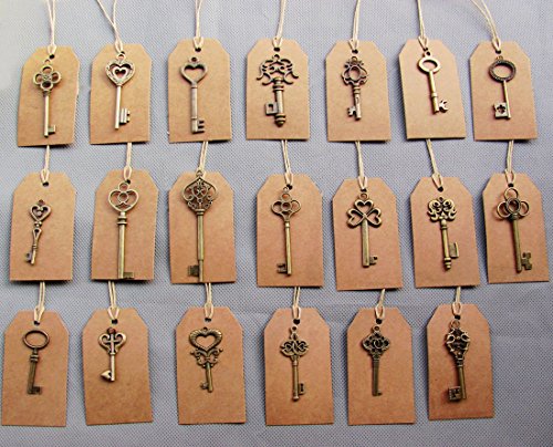 SL crafts Mixed 100pcs Skeleton Keys & 100 pcs Kraft Tags Antiqued Brass Bronze Charms Pendants Wedding favor 34mm-68mm