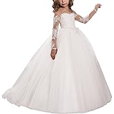 Abaowedding Lace Embroidery Sheer Long Sleeves Kids Trailing Gowns