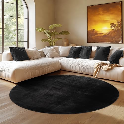 SIMPEX Runder Teppich Schwarz 160 cm Waschbarer Kurzflor Teppich, rund, rutschfest & weich, modernes einfarbiges Design für Wohnzimmer, Schlafzimmer,