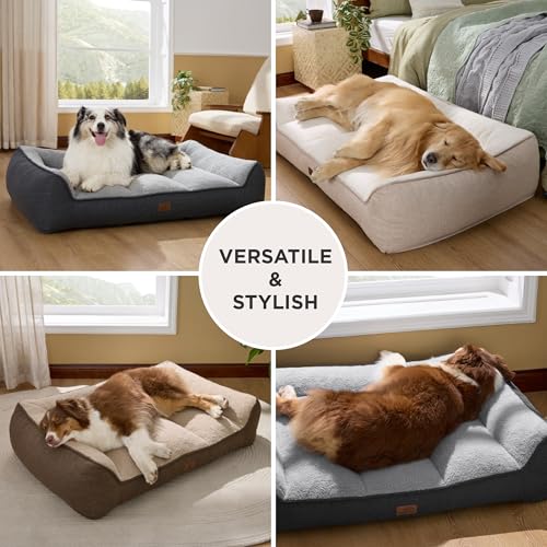 Bedsure Washable Dog Bed Large Dogs – 114 x 81 cm Extra Thick and Support Sofa with Waterproof Cover, Non-Slip Soft Sherpa Plush Bed, Dark Grey