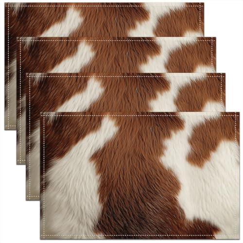 jejeloiu Cowhide Printed Placemats 12"x18", Cow Fur Table Place Mats Set of 4, Western Rustic Wildlife Animal Skin White Brown Indoor Outdoor Kitchen Dinner Party Decor Table Mats