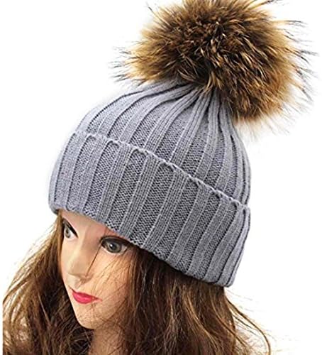 Chen Han Real Raccoon Fur Hat Warm Wool Winter Hat With Genuine Fur Pompom Women Knit Bobble Ski Hat Cap With Fur Ball Top (gray)