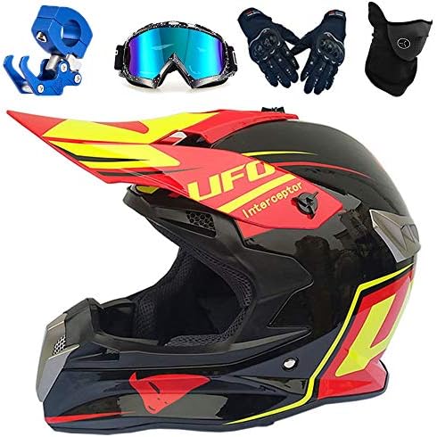 PKFG® Motocross Helmet Adult Black Red, Outdoor Motorcycle Downhill Crash helmet set with Goggles Gloves Mask Helmet Hook for Men Women Motorbike ATV MTB Driving Enduro Training