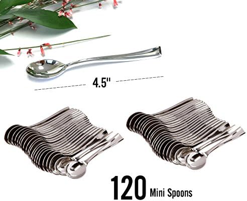 120pc Premium Silver Mini Plastic Spoons for Appetizers 4.5'' For Tastings and Desserts Party Birthday Wedding
