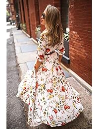 Vestidos maxi florales de mujer ROVLET Media manga vintage Una línea o cuello Vestido largo fluido Vestido de cóctel de fiesta en la playa