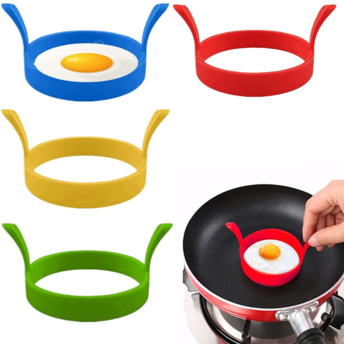 Egg Ring 4-Pack Silicone Egg Rings with Anti-Scald Handle Non Stick Coating Suitable for Egg Frying,Shaping,Pancakes,Mini Burger