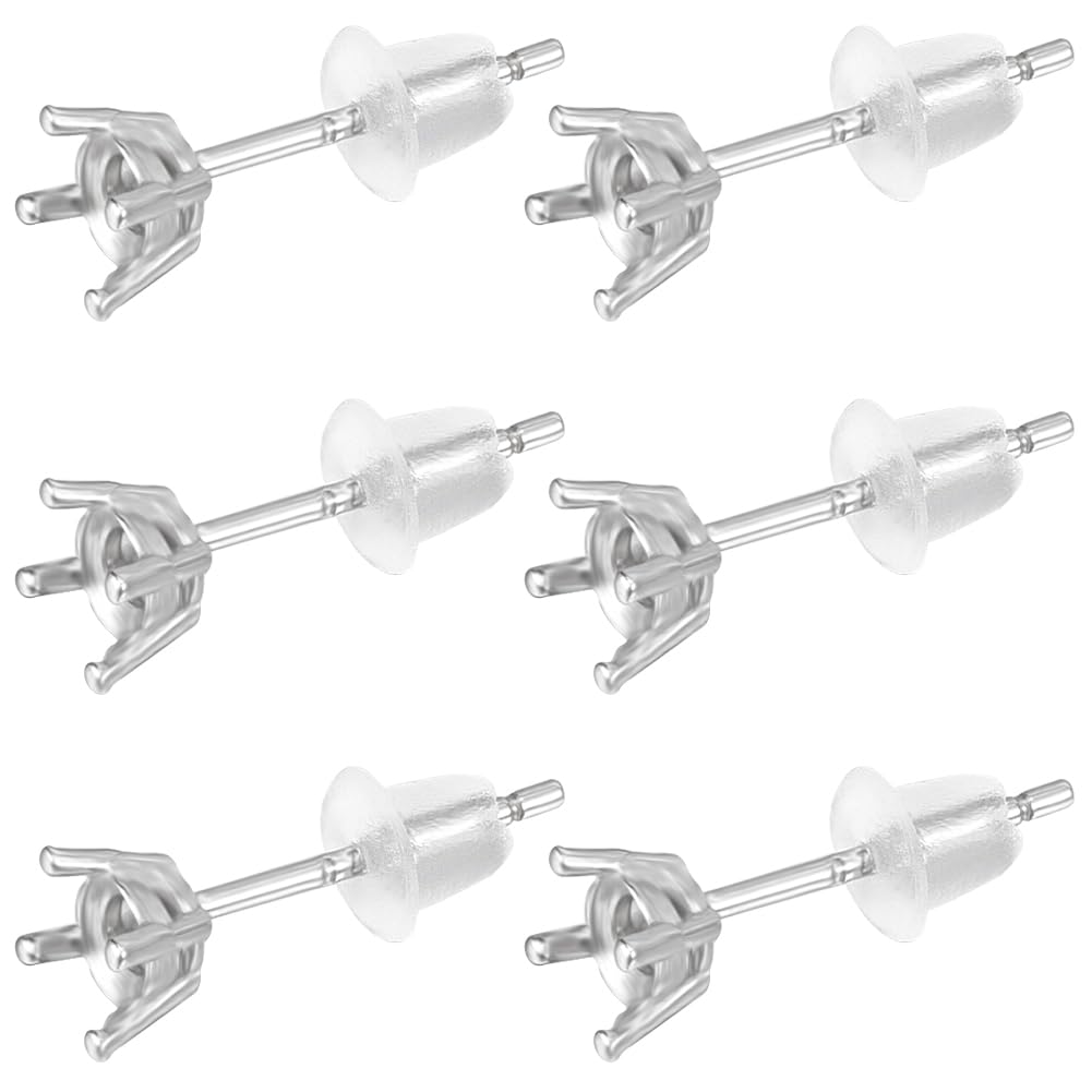 Beebeecraft 1 Box 6Pcs 4 Prong Earring Blank Rhodium Plated 925 Sterling Silver Square Round Cabochon Claw Setting Post Stud Earring Findings with 6Pcs Ear Nuts for DIY Earrings Jewellery Making