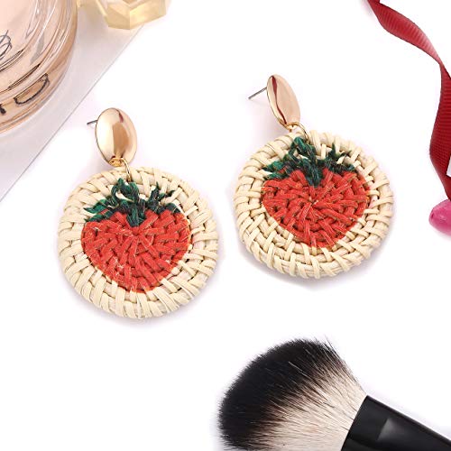 CEALXHENY Rattan Earrings Straw Wicker Braid Earrings Tropical Fruit Print Drop Dangle Earrings Handmade Statement Earrings for Women Girls (Strawberry)