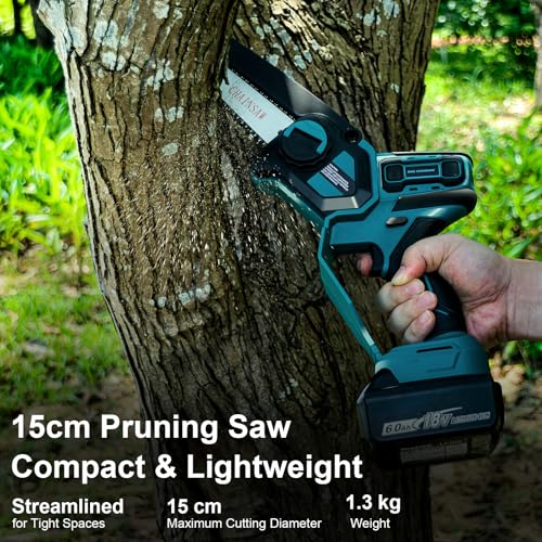 QUPERR Battery Pruning Saw 15 cm Compatible with Makita 18 V Battery, Brushless Mini Battery Chainsaw with Automatic Chain Lubrication for Wood Cutting and Gardening (without Battery and Chain Oil)