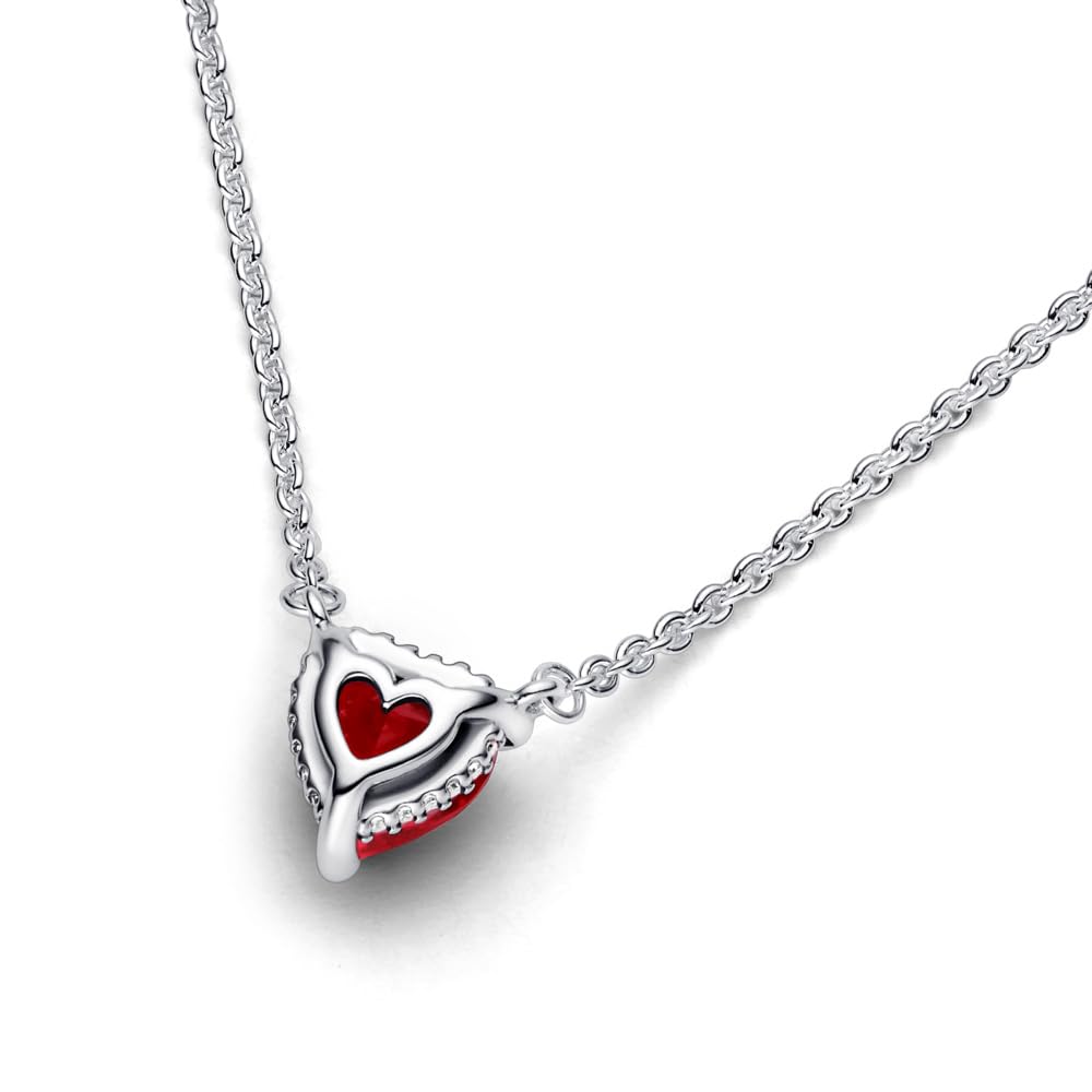 PANDORA Funkelnder Herzförmiger Strahlenkranz Collier-Halskette aus Sterlingsilber mit Zirkonia in der Farbe Silber-Rot, PANDORA Timeless Collection, Länge: 45cm, 392542C01-45