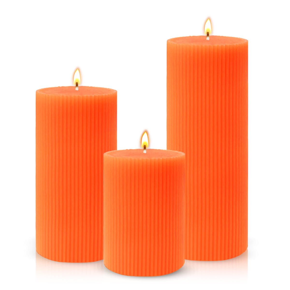 Photo 1 of 3-Pack Orange Ribbed Pillar Candles – Elegant Handmade Fat Candles for Home & Events, 3" D, 4"/6"/8" H, Dripless and Long Burning