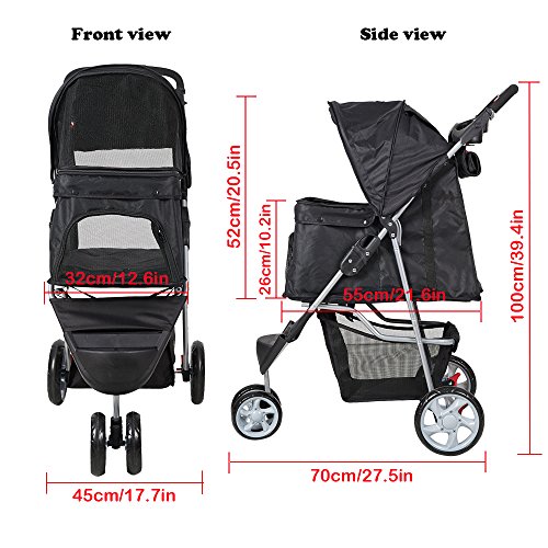 KARMAS PRODUCT Pet Stroller for Dog Cat Small Animal Folding Walk Jogger Travel Carrier Cart with Three Wheels (Black)