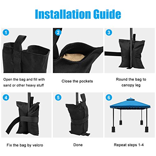 HIPPIH Weight Bags for Pop up Canopy, Sand Bag for Camping Tent,4 Pack Sun Shelter, Patio, Gazebo - Holding up 30lbs~40lbs, 300 cu in Capacity (Black)