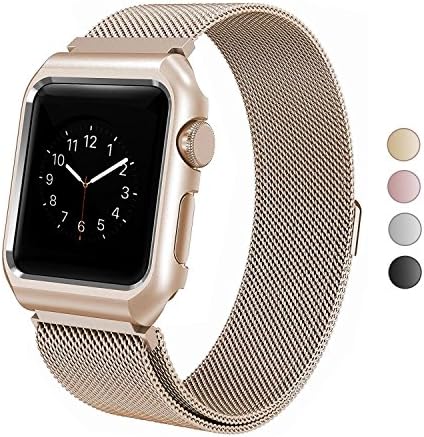 SIXRARI Compatible Apple Watch Band with Case 38mm,Milanese Loop Stainless Steel with Magnetic Closure & Metal Protective Cover Frame Adjustable Bands Replacement for Iwatch Series 3 2 1 Gold