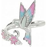 Hummingbird Flower Adjustable Open Rings for Women Elegant Enamel Bird Purple Floral Cute Animal Expandable Statement Open Wrap Finger Band Rings Comfort Fit Promise Engagement Fashion Jewelry