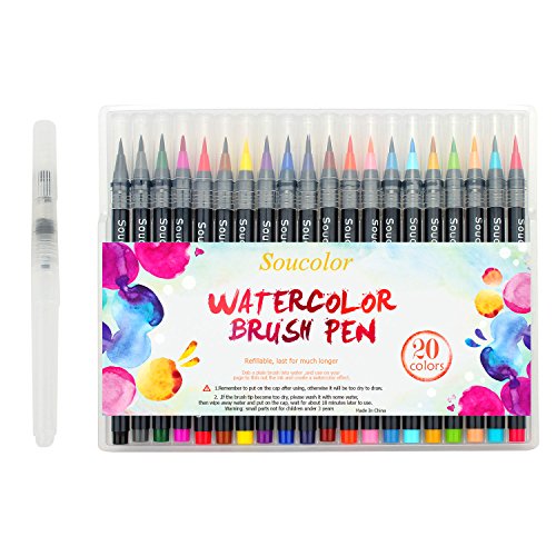 Soucolor 20 Colors Watercolor Brush Marker Pens W/ A Water Coloring Brush, Soft Flexible Tip for Adult Coloring Books, Manga, Comic, Calligraphy