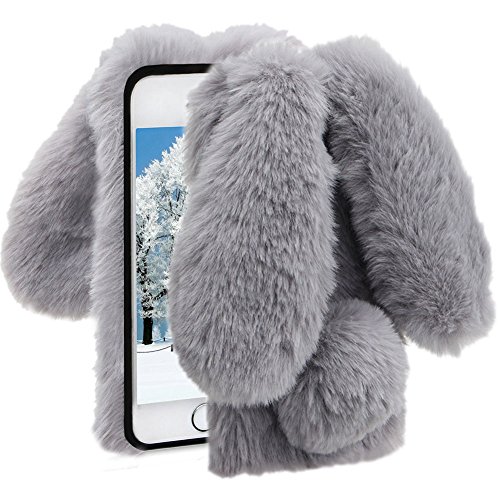 Grey Soft Case for iPhone 6S Plus,Diamond Crystal Furry Cover for iPhone 6 Plus,Herzzer Luxury Cartoon Rabbit Ear Design Fluffy Hairy Silicone Rubber Protective Case - Thumbnail 4