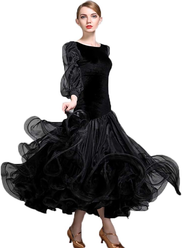 2018 Latin Dance Skirt Velvet Splicing Lantern Sleeve Waltz Social Dance Skirt Latin Belly Dance Competition Costume Voluminous Skirt Large Size XL 2XL