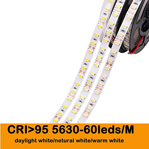 MARSWALL LED Strip CRI RA 95 SMD5630 16.4Ft(5M) 300LEDs 60LEDs/M DC12V 10mm White PCB Flexible Ribbon Strip with Adhesive Tape Non-Waterproof (Warm White 3000K)