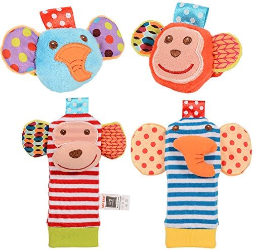 GoaPly Baby Rattle,Baby Wrist Rattles and Foot Finder Set Sock Toys[4 PCS],Developmental Soft Animal Rattles Infant Baby Toys,Educational Development Soft Animal Toy Shower Gift(Monkey and Elephant)