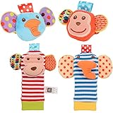 ThinkMax Baby Rattle, 4PCS Baby Wrist Rattle and Foot Rattles Finder Socks Set, Developmental Soft Animal Rattles Infant Baby Toys - Monkey and Elephant