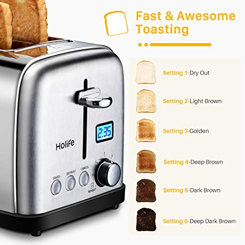 Toaster, HoLife 2 Slice Prime Rated Toasters [LCD Dispaly] Stainless Steel Bagel Toaster (6 Bread Settings, Bagel/Defrost/Reheat Function, 1.5" Wide Slots, Removable Crumb Tray, 900W, Silver) - Thumbnail 3