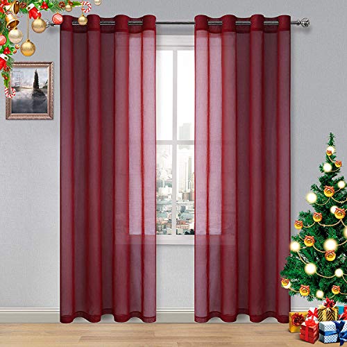 DWCN Burgundy Sheer Curtains, Faux Linen Grommet Window Curtain, Sheer Voile Curtains for Living Room, Bedroom, Thanksgiving and Christmas Decor, Set of 2 โ image 1