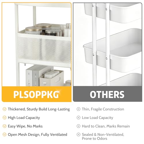 PLSOPPKG - 3 Tier Rolling Cart, Metal Storage Carts with Wheels, Craft Cart Organizer, Mesh Basket for Bed, Kitchen, Office, Art, Milky White