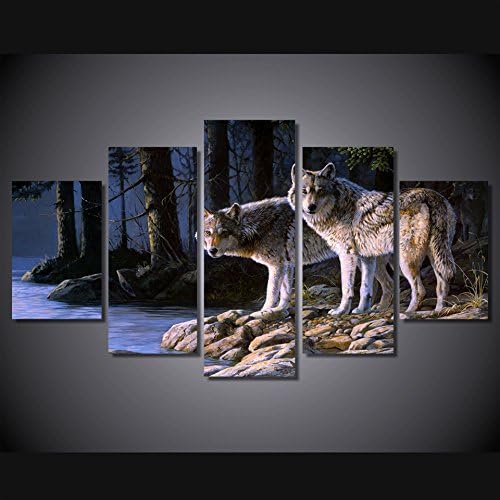 5 Panel Unframed Animal Two Wolves Large HD Printed Wolf Canvas Art print home decor wall art picture for living room Home Decor,Size4