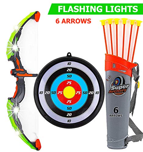Toysery Bow and Arrow for Kids with LED Flash Lights - Archery Bow with 6 Suction Cups Arrows, Target, and Quiver, Practice Outdoor Toys for Children Above 3-12 Years Old