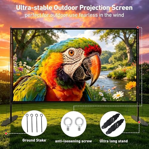 FvcDmik 150 inch Projector Screen with Stand, 16:9 4K HD Portable Outdoor Movie Screen, Wrinkle-Free Foldable Indoor Projection Screen with Carry Bag & Ground Nails (150)