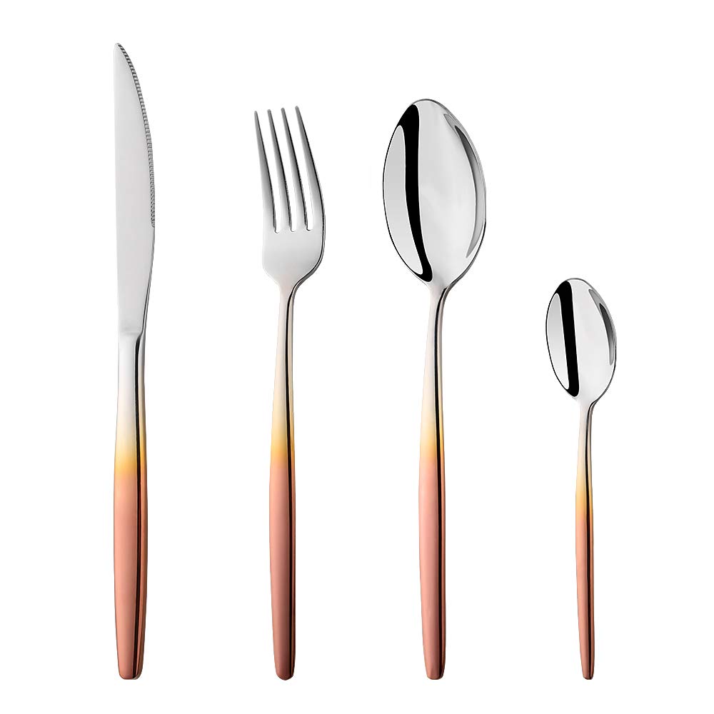 BISDARUN Stainless Steel Flatware Rose Gold Coloured Handle Cutlery Set 4 Piece Silverware Tableware Set Service for 1, Spoon Fork Knives for Party Outdooor Camping Travel, Dishwasher Safe