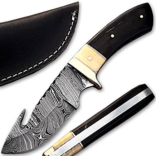 Damascus Steel Hunting Knife w/ Camel Bone &amp; Buffalo Horn Handle