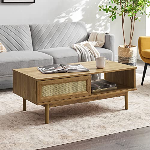 Mopio Haylee Modern Farmhouse Boho Coffee Table, with Rattan Cane