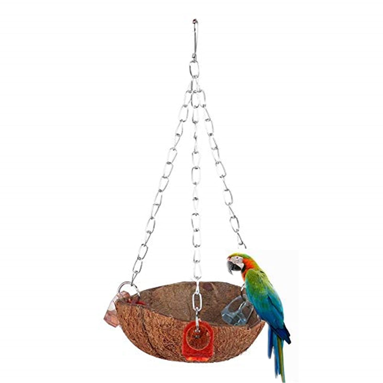 YOUTHINK Natural Coconut Shell Birds Swing Toy Hanging Basket Sling with Acrylic Rings for Squirrel Parrot Budgie Parakeet Cockatiel Conure Lovebird Finch Cockatoo
