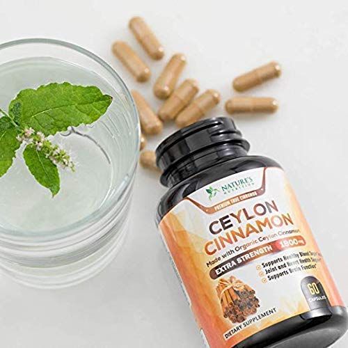 True Organic Ceylon Cinnamon Highest Potency Standardized 1800mg - Organic Ceylon Cinnamon Pills - Blood Sugar Levels Support Supplement, Vegan Anti-Inflammatory for Joint Pain Relief - 60 Capsules