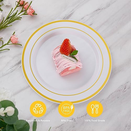 Goodluck 200PCS Gold Plastic Plates, Heavy Duty Disposable Gold Plates with 100 10.25 inch Dinner Plates and 100 7.5 inch Dessert Plates for Party, Holiday, Wedding, Thanksgiving